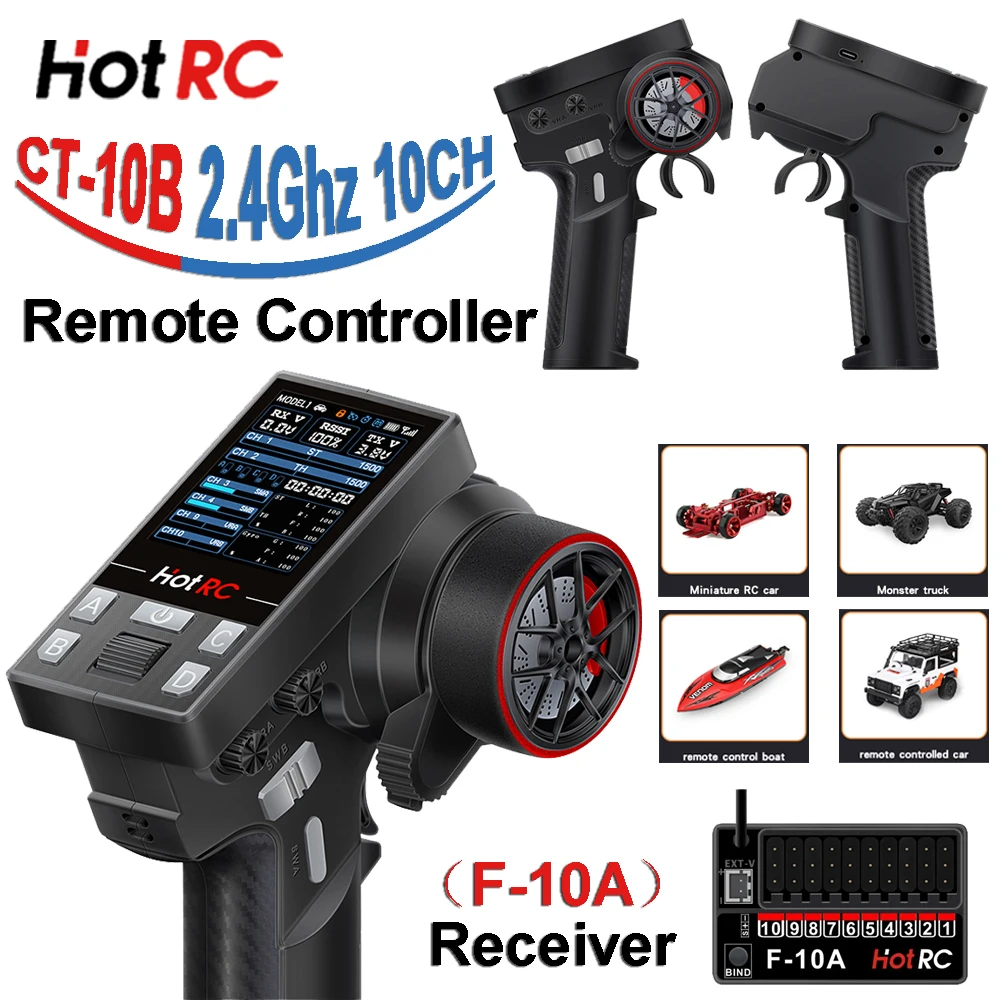

Передатчик HOTRC CT-10B 2,4 ГГц, 10-канальный пульт дистанционного управления с цветным экраном, 10-канальный приемник F-10A для радиоуправляемых альпинистских автомобилей, лодок