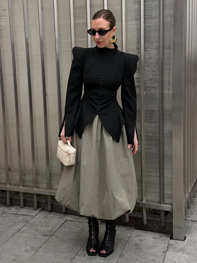 Black Stand Collar Slim Blazer Single Breasted Padded Shoulder Slit Hem Irregular Hem Waist Cinched Coat Chic Women's Wear New