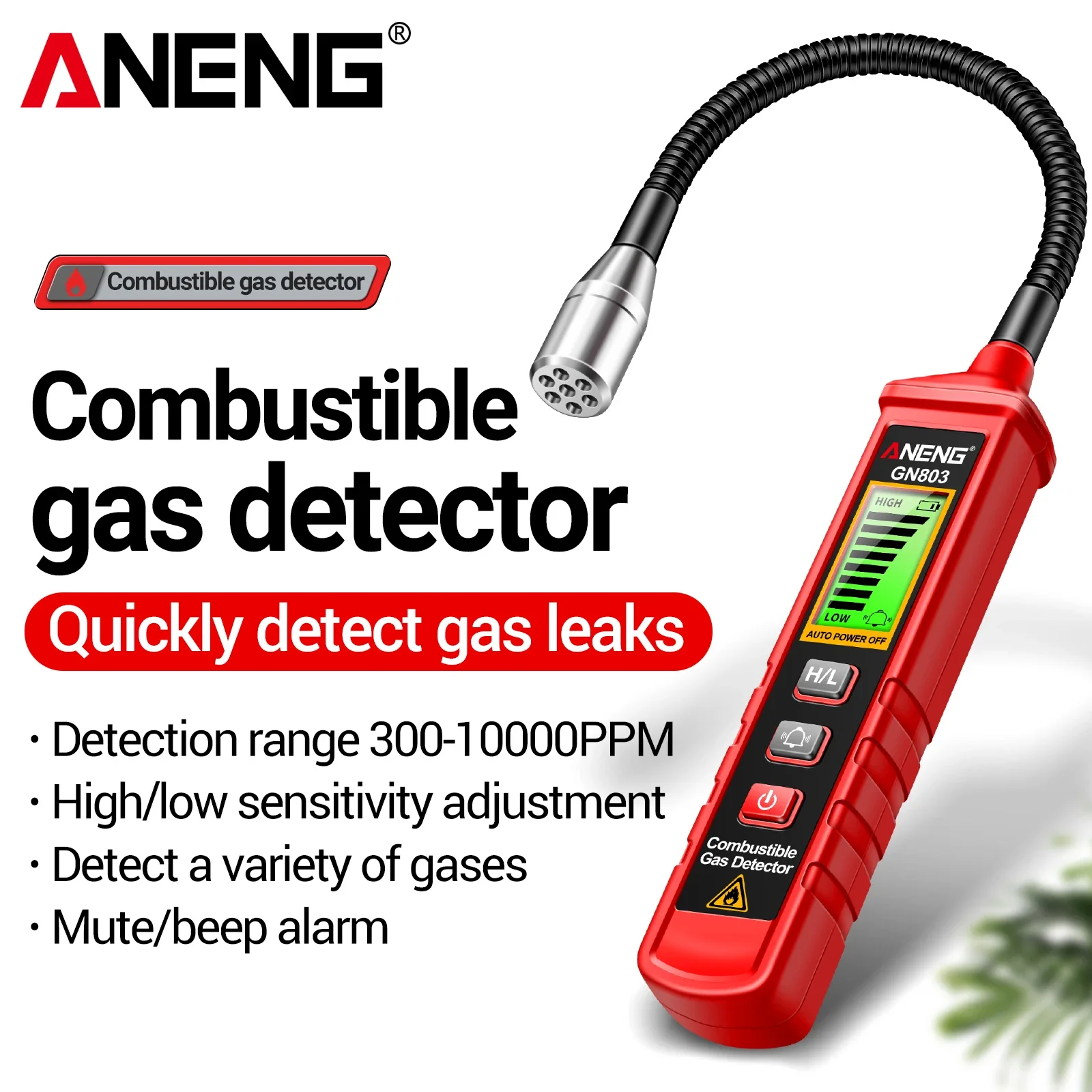ANENG GN803 Combustible Gas Leak Detector 300-10000PPM Flexible Metal Probe Sound Light Alarm for Natural Gas Propane Methane