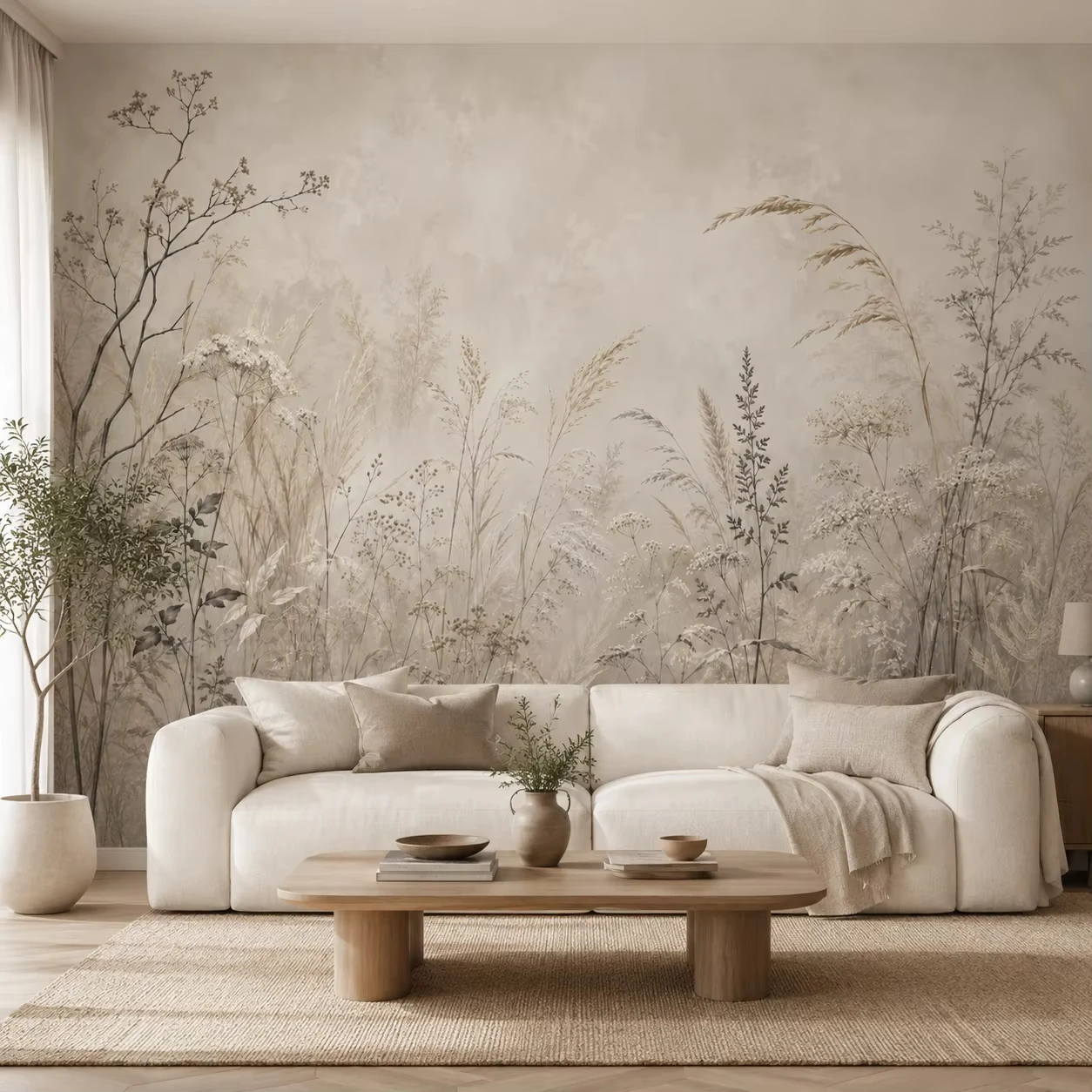 Maßgefertigte Wandtapete für Wohnzimmerdekoration, Cremefarbene Blumen-Grässer-Schilfrohr-Landschaft, 3D-Fototapete