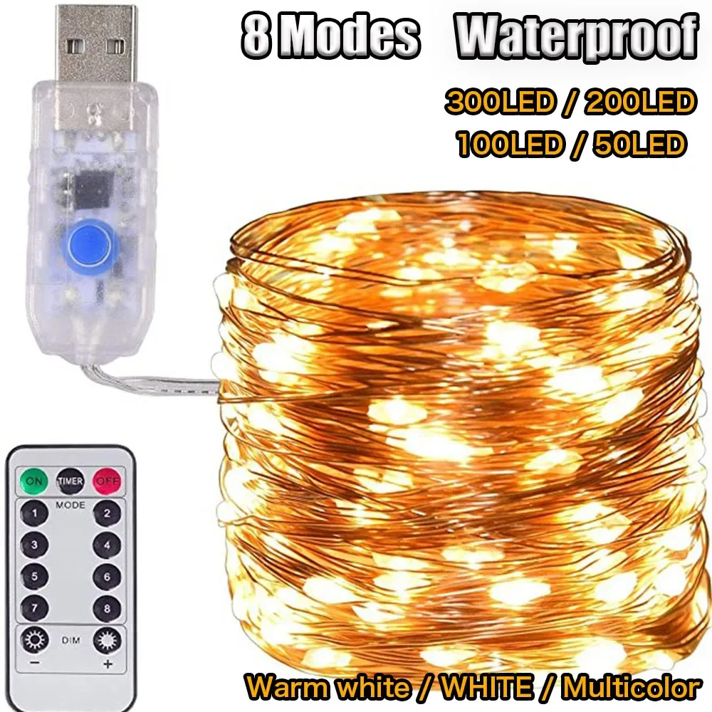 300LED Waterproof Copper Wire String Lights Fairy String Lights 8Modes USB with Remote Control for Wedding Party Home Christmas