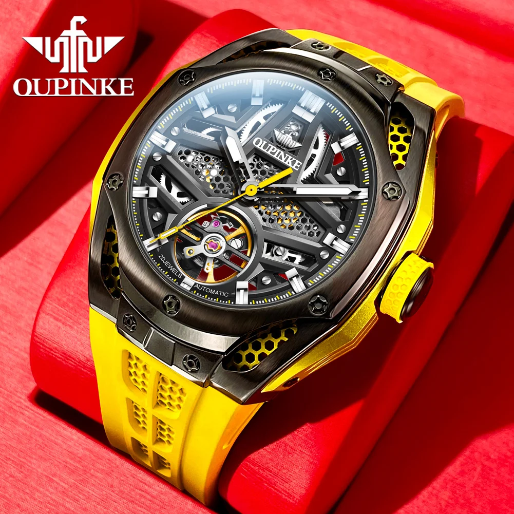 Oupinke 9003 Holle Automatische Mechanische Horloge Voor Mannen Skelet Vliegwiel Sport Heren Horloges Siliconen Band Originele Hand Klok