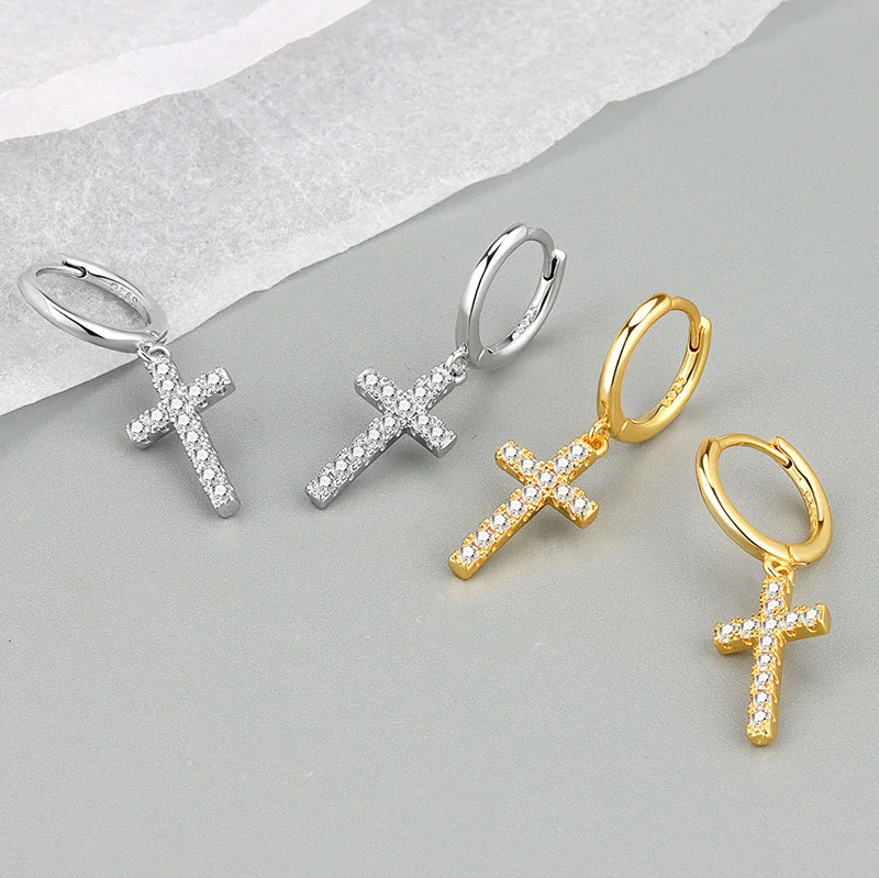 Fashion Silver Color Cross Zircon Pendant Earrings for Women Men Punk Hip Hop Piercing Personality Earrings Party Jewelry