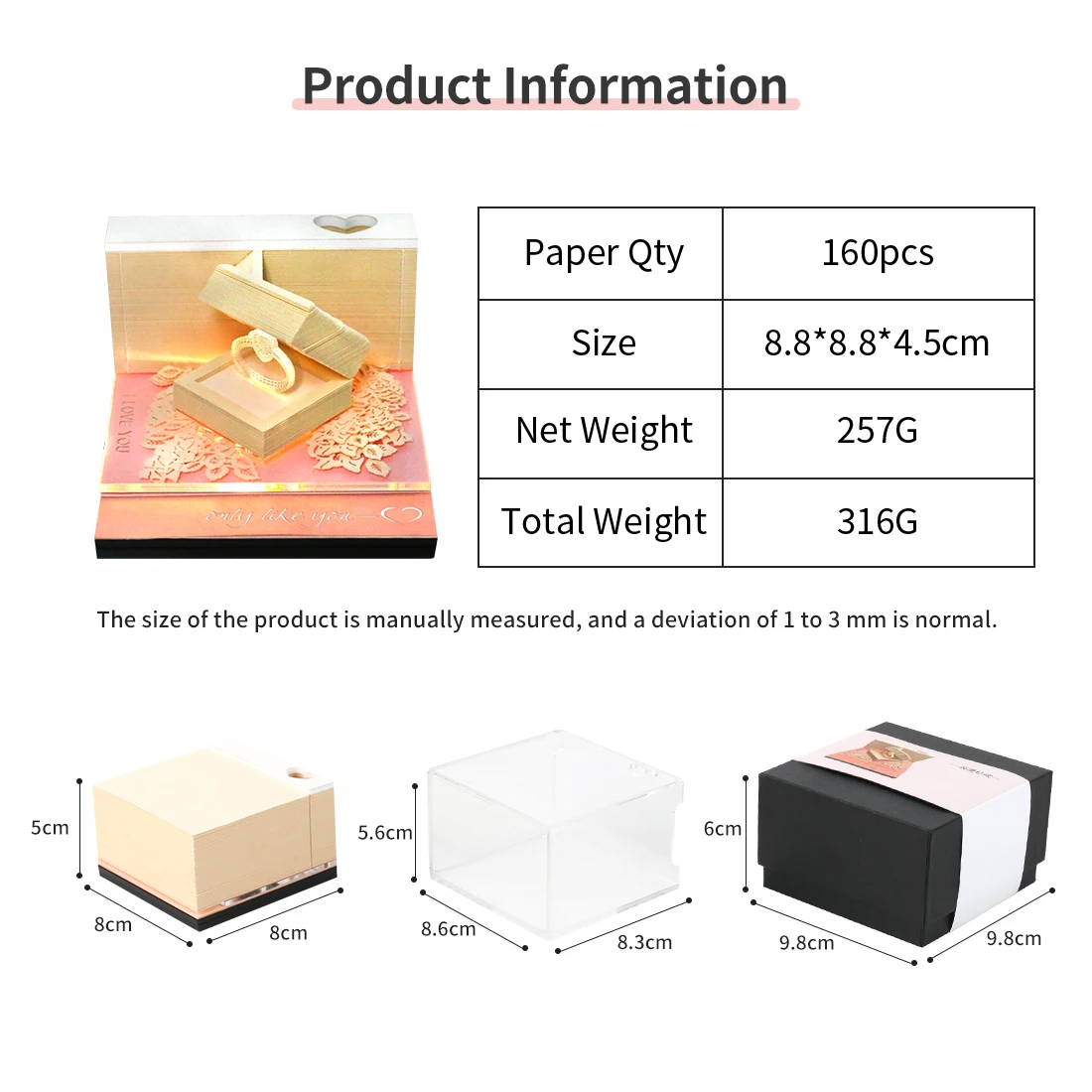 3D Carving Notepad Calendar 2025 Ring Box With Light 3D Memo Pad Mini Note Stickers Paper Novel Wedding Gifts For Guests