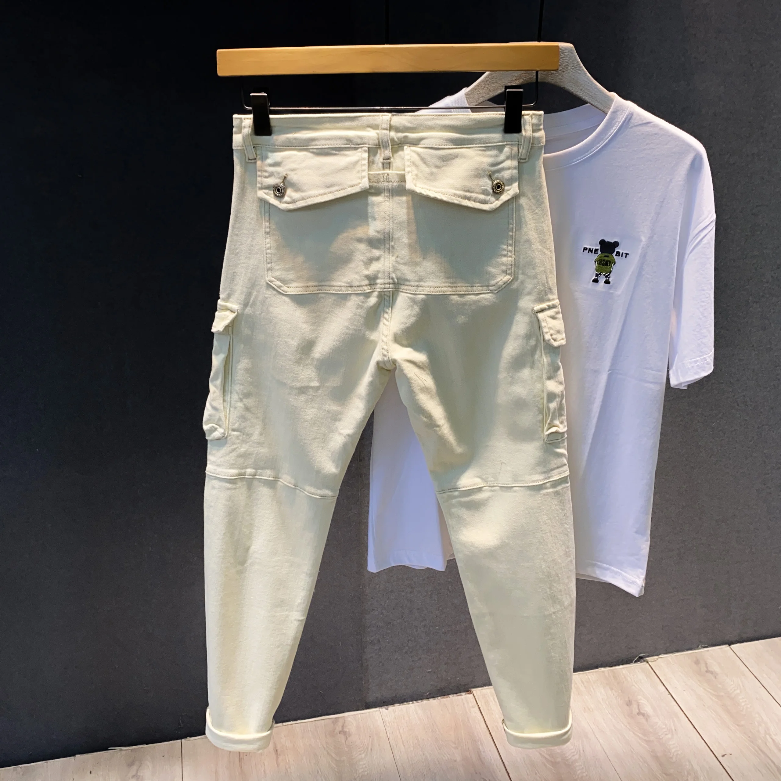 

Джинсы Slim Fit Street Sle, повседневные длинные брюки со средней талией и застежкой-молнией, молодежные трендовые весенне-осенние брюки для мужчин