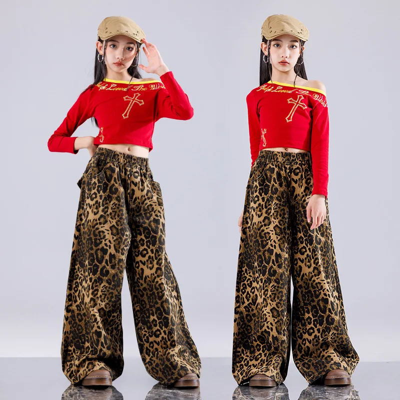 Girls K-pop Crop Top Camouflage Cargo Pants Girl Group Clothes Kid Jazz Street Dance Leopard Slacks Child Hip Hop Streetwear Set