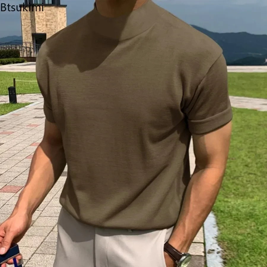 New Men's Casual Solid T-shirts Korean Style High Collar Short Sleeve Pullover Tops Trendy Streetwear Summer Male Bottoming Tees