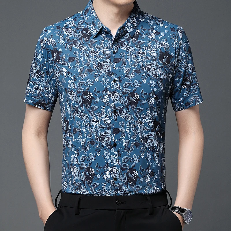 

High Quality Men's Traceless Clothes 2023 Summer Flowers Print Social Shirts Male Smooth Anti Wrinkle Printing Dress Shirts