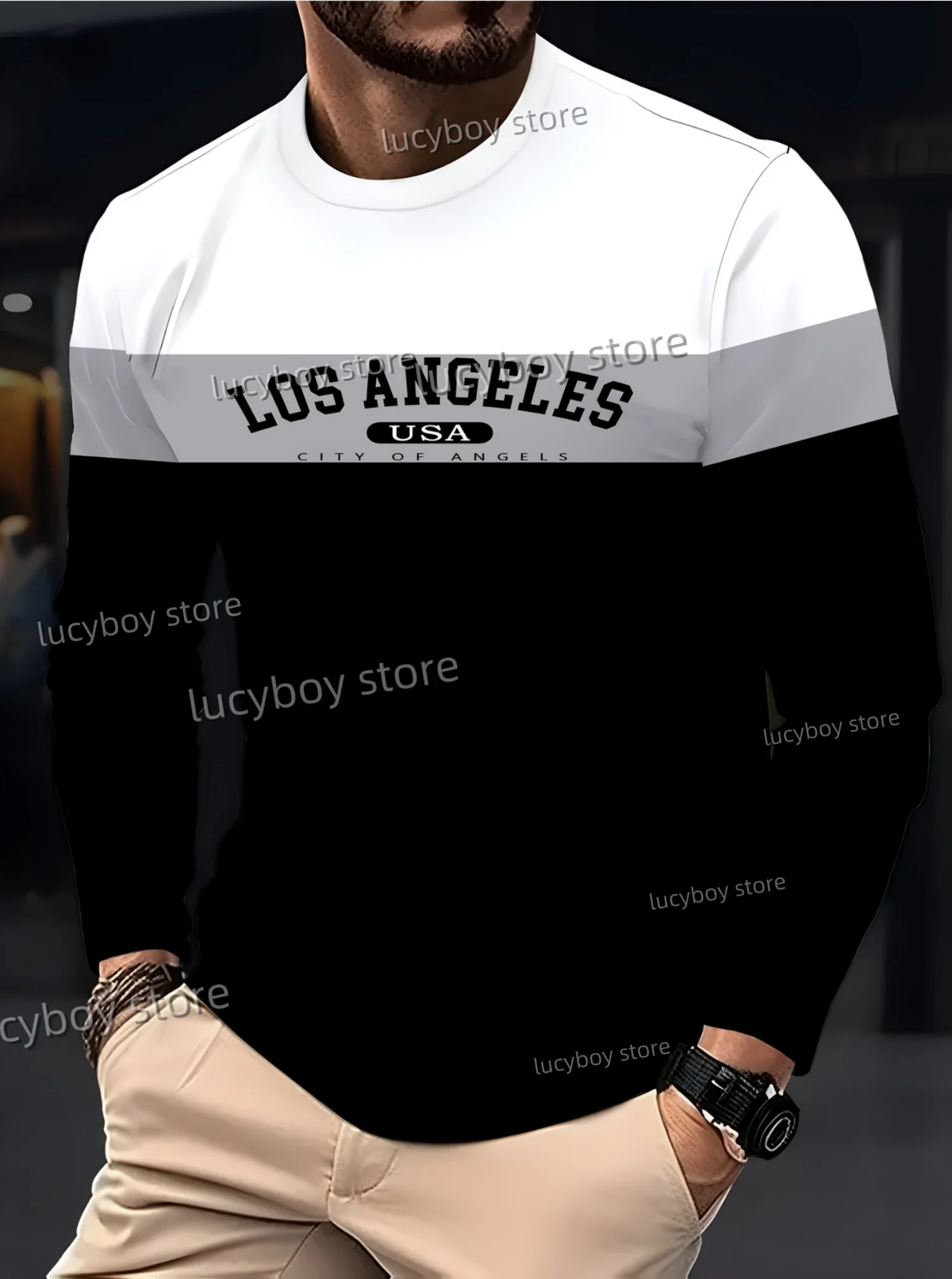 

2025 Autumn Men Graphic T-Shirts Long Sleeve LOS ANGELES Print Top Casual Vintage T Shirt Vintage Loose Sport O-Neck Men Clothes