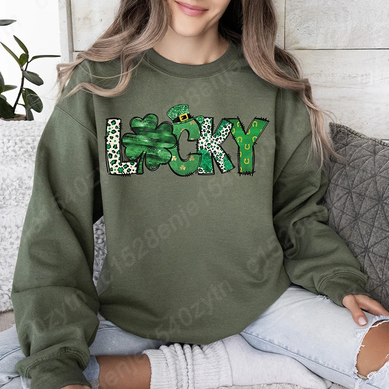 St Patty's Day Lucky Print Pullovers New Fashion Round Neck Tops Women Hoodless Sweatshirt Long-sleeved Autumn Casual Sweatshirt