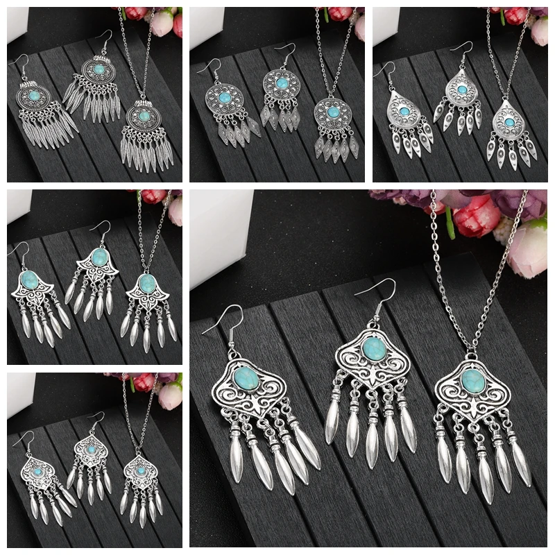 2023 Indian Jewelry Set Ethnic Silver Plated Geometric Carved Tassel Earring Necklace Women\'s Blue Turquoises Chain Jewelry