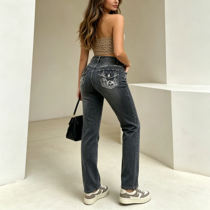 Bootcut Pant Women Jeans Vintage Embroidery Hot Drilling Ankle Length Slim Fit High Waist Straight Trousers Y2k Work Casual 2026
