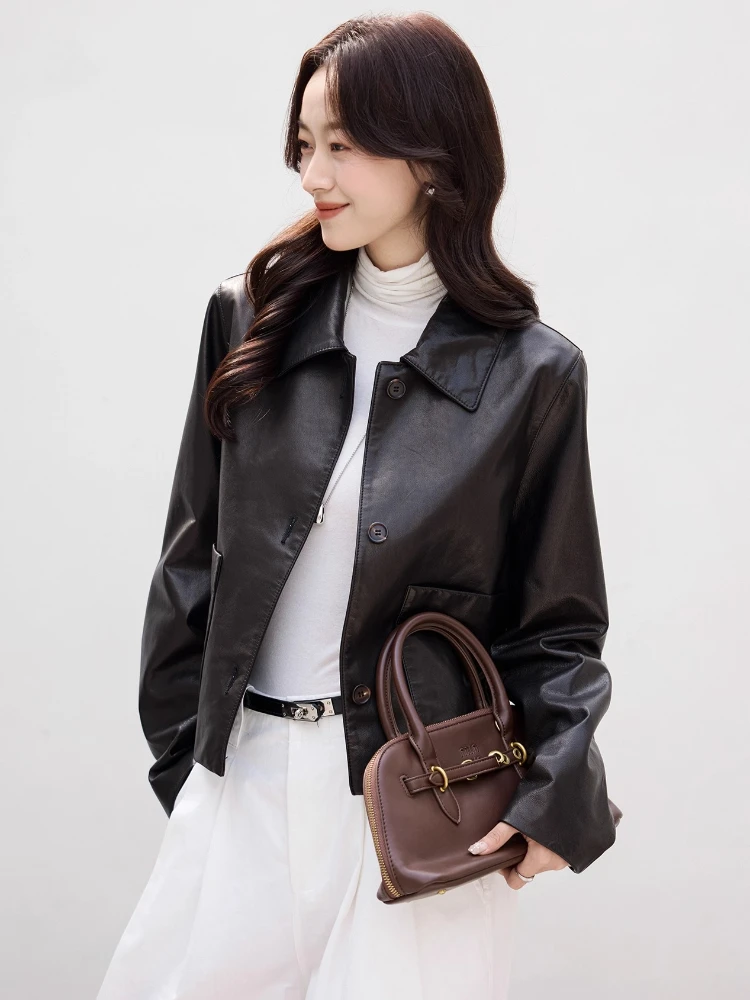 Slim Short Genuine Leather Motorcycle Jacket for Women Spring Autumn 2025 New High-end Simple Oil Wax Real Goatskin Leather Coat