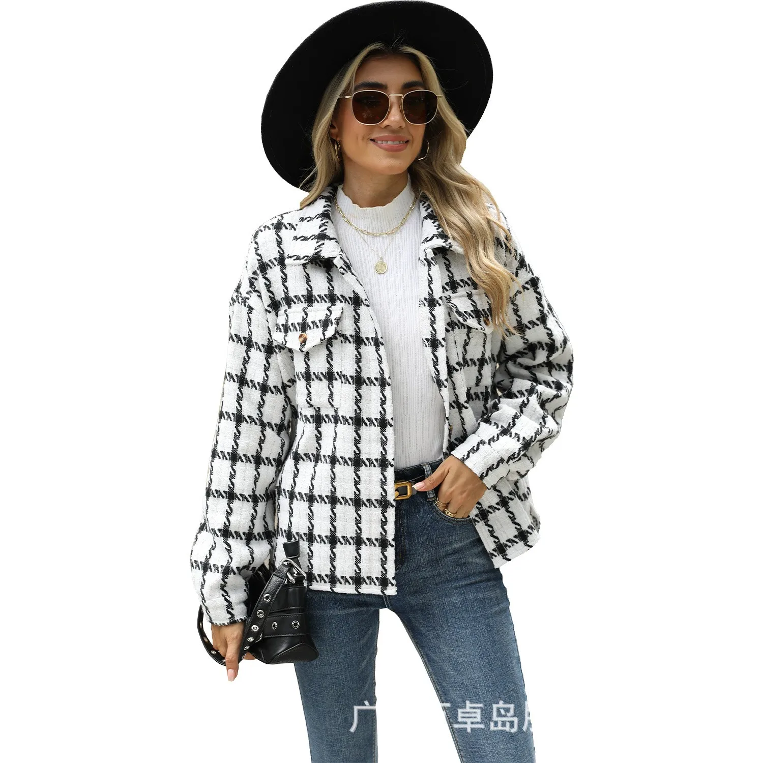 Plaid Loose Fit Coat Standard Length Commuter Style with Wrinkle Resistant Finish Turn Down Collar Long Sleeve Women Jacket