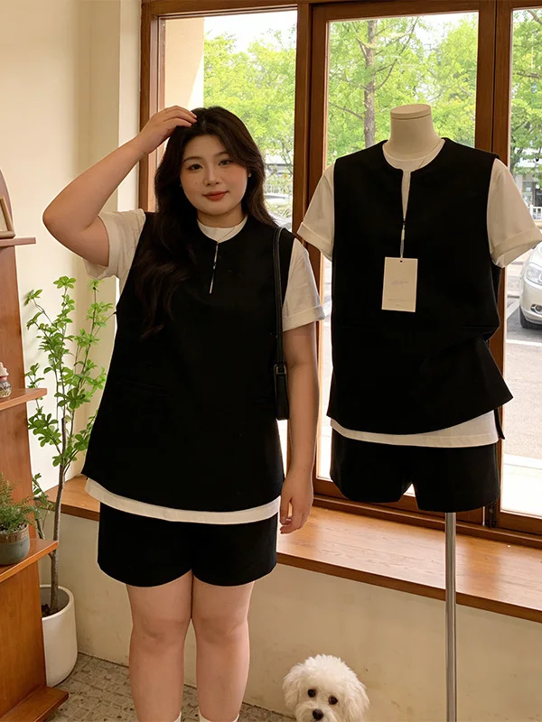 

plus Size Casual Style Three-Piece Set Women's Summer New White Short Sleeve Base Shirt Overlap Vest Shorts Combo Fashion Outfit