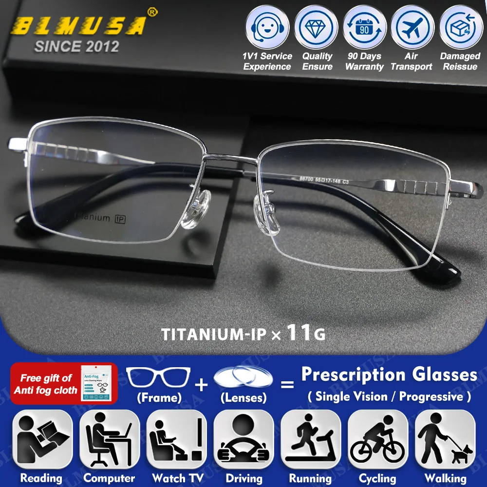

BLMUSA (L) Retro Men Pure Titanium Myopia Photochromic Prescription Glasses High Quality Anti Blue Light Progressive Eyeglasses