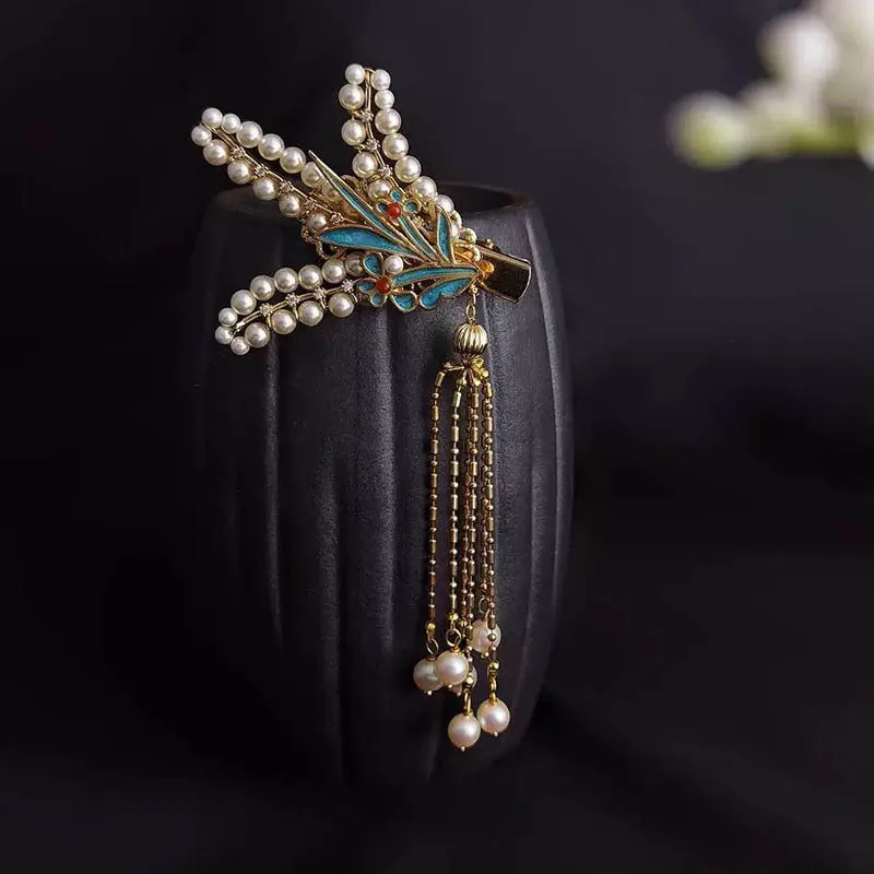 

Enamel pearl wheat ear hair clip, ancient-style tassel hair accessory, women's high-end retro side clip