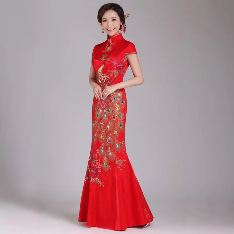capodanno cinese vestiti delle donne abito lungo rosso cinese coda di sirena abito da sposa festa cheongsam qipao sposa plus size intrattenimento musiche e canzoni
