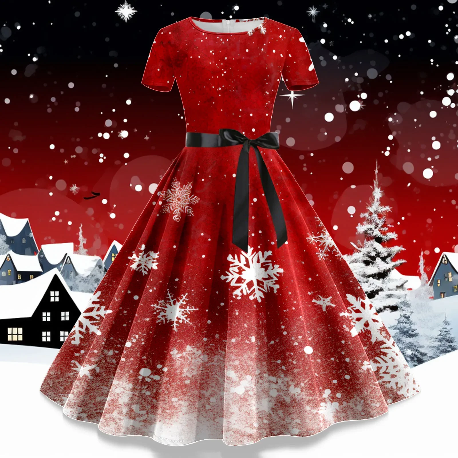 Robe Christmas Dresses for Women Winter Pinup Rockabilly Sexy Cosplay Party Dress Santa Claus Snow Print Cocktail Prom Dress