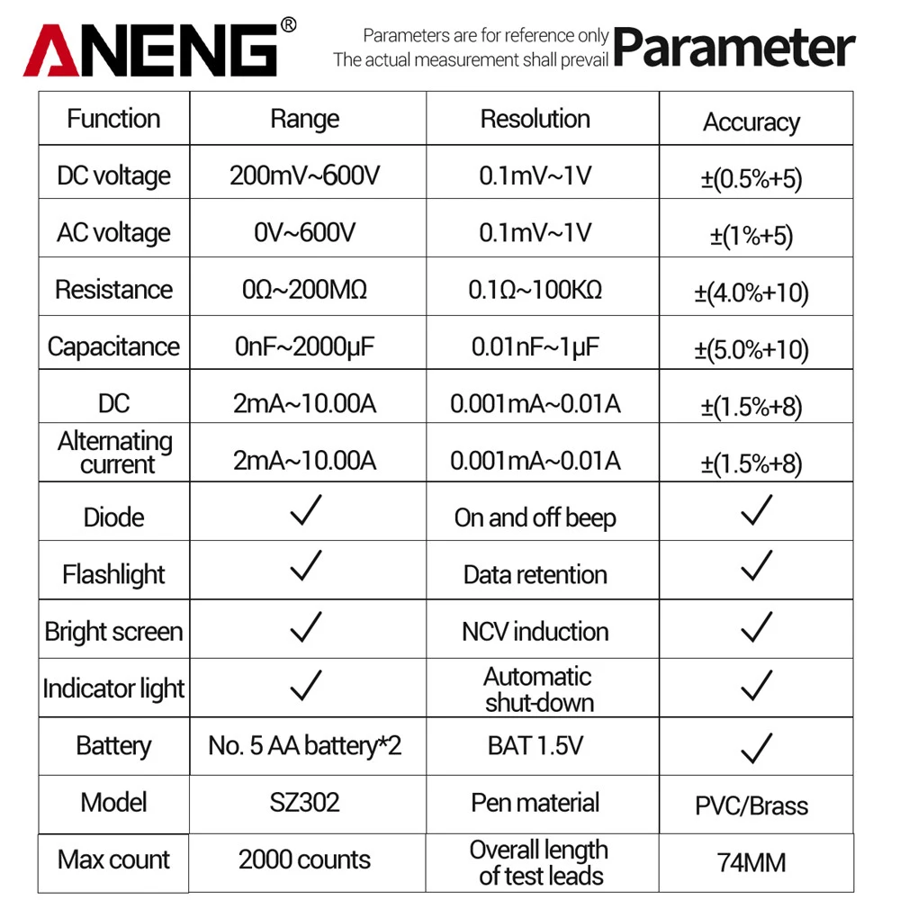 ANENG SZ302 Digitale Multimeter AC/DC Spanning Stroom Automatische Tester NCV Detector Weerstand Ohm Ampèremeter Capaciteit Meter