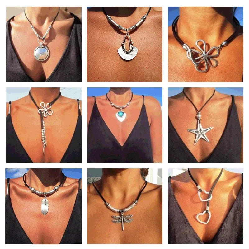 Trendy Boho Summer Starfish Pendant Leather Necklace for Women Beach Bohemia Nekclace Party Jewelry Gift