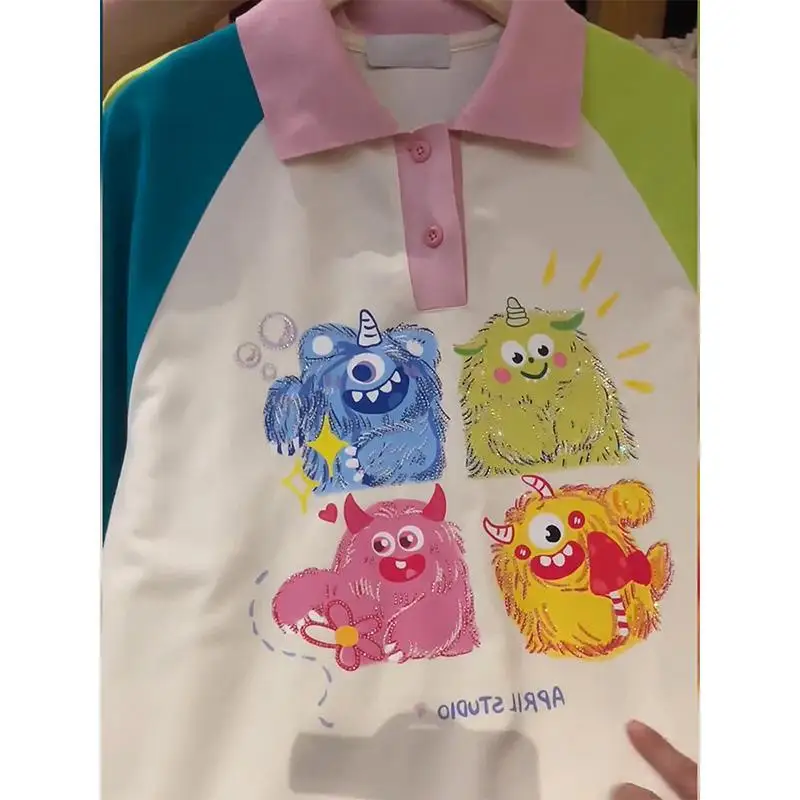 2024 New Oversized Female Casual Korean Patchwork Turn-down Collar Short Sleeve T-Shirt Summer Cute Cartoon Buttons Polo Shirts