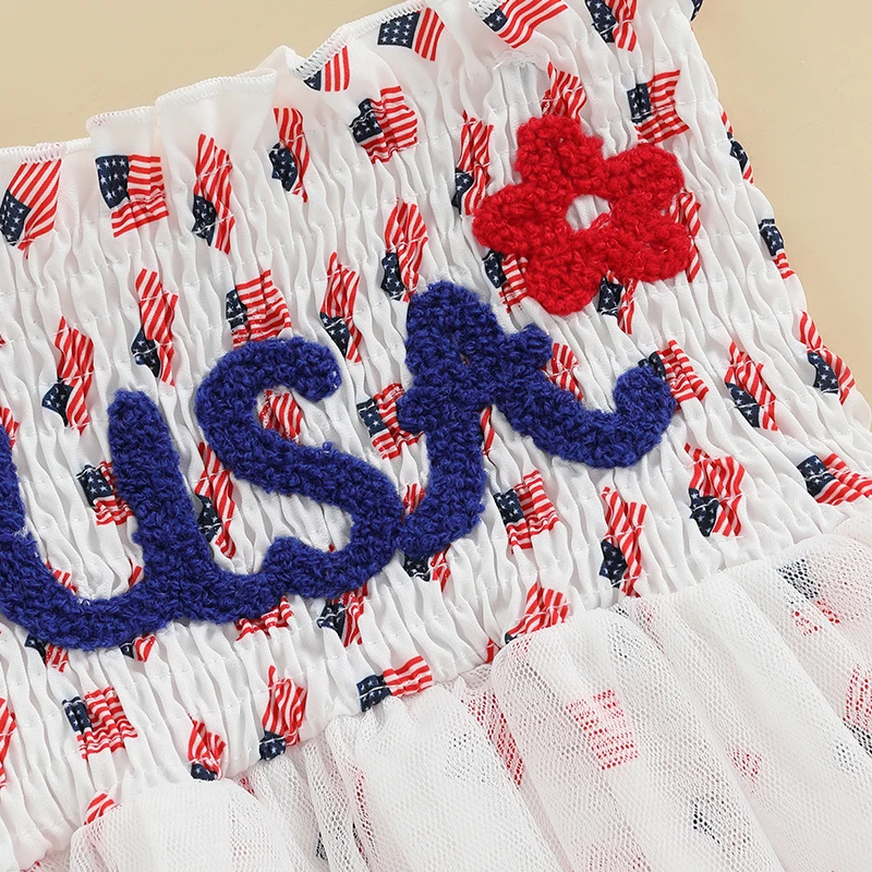 الرضع طفلة 4th من يوليو الزي العلم الأمريكي التعادل الكتف Smocked رومبير فستان القوس عقال طفل 2 قطعة الصيف مجموعة