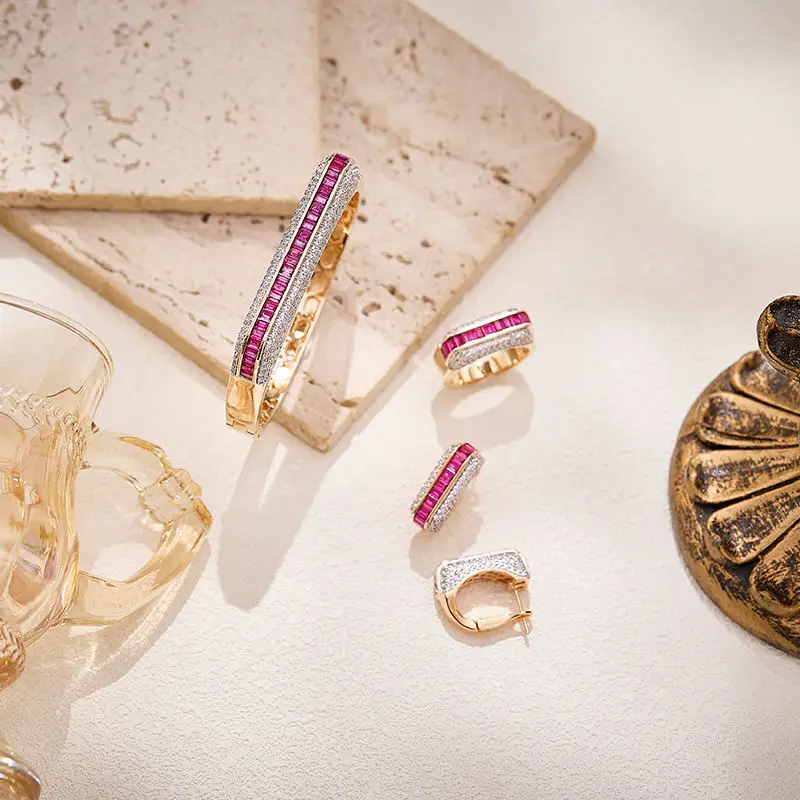 Designer Collection Fashion Style Earrings Women Lady Inlay Pink Square Cubic Zircon Plated Rose Gold Color Ear Clip