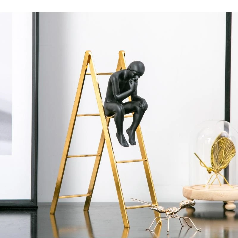Golden Ladder Crafts Resin Black Thinker Sculpture Art Abstract Character Statue Statuette TV Cabinet Living Room Decor