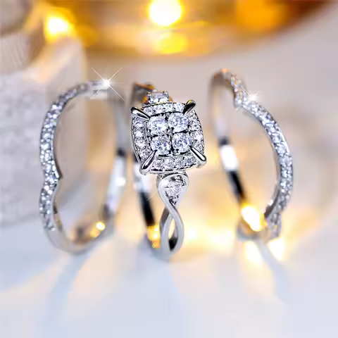 Crystal Female White Zircon Squarel Ring Set Fashion Vintage Silver Color Bridal Wedding Engagement Jewelry For Women