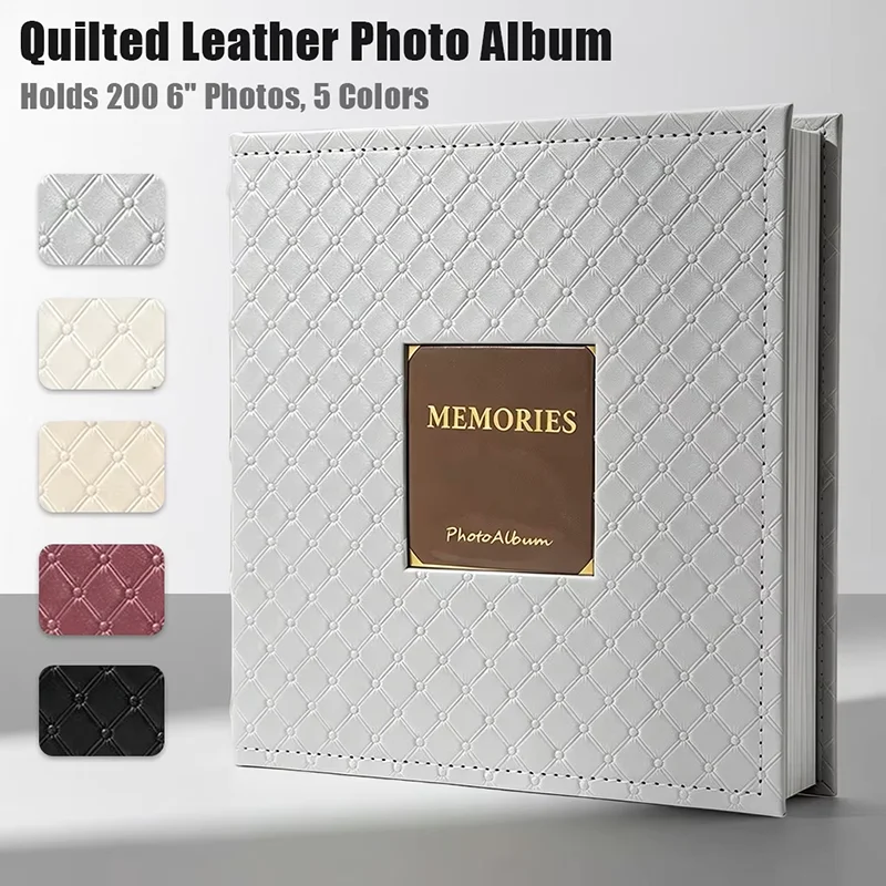 Multi‑color round‑back PU leather album, 200 4x6 photos, grid cover, note space. Bonus gold‑foil 100‑photo album for birthdays