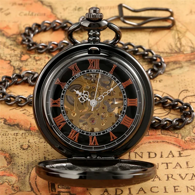 Steampunk Hollow Out Case Mens Black Mechanical Pocket Watch Handwinding Skeleton Clock with Roman Number Dial Pendant Chain