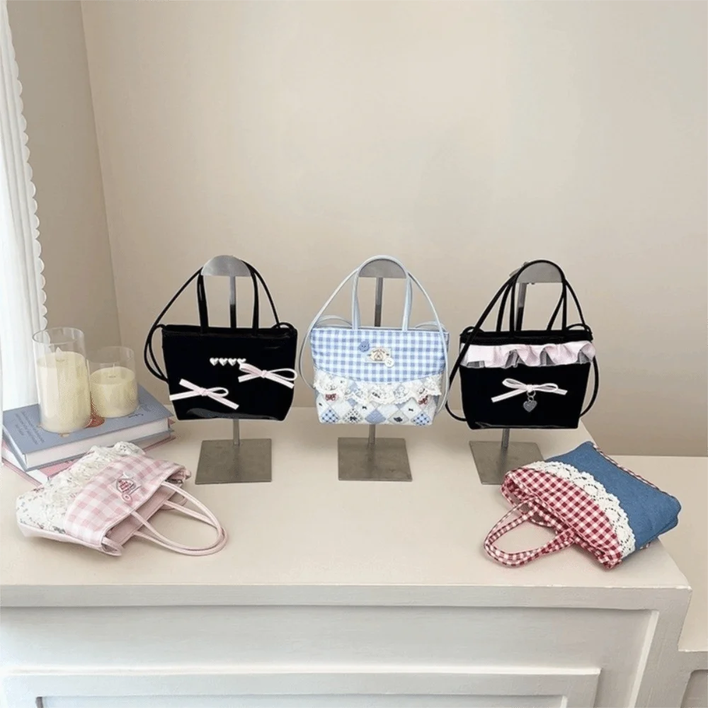 

Portable Lace Lattice Handbag Square Plaid Bow Handbag Denim Korean Style Sweet Crossbody Bag Travel