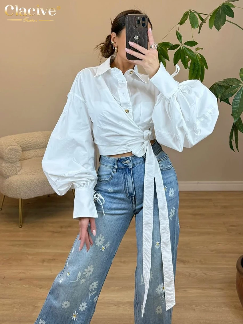 

Clacive Fashion Loose White Cotton Women Shirt 2026 Autumn Lapel Long Sleeve Lady Blouse Elegant Classic Lace-Up Crop Top Female