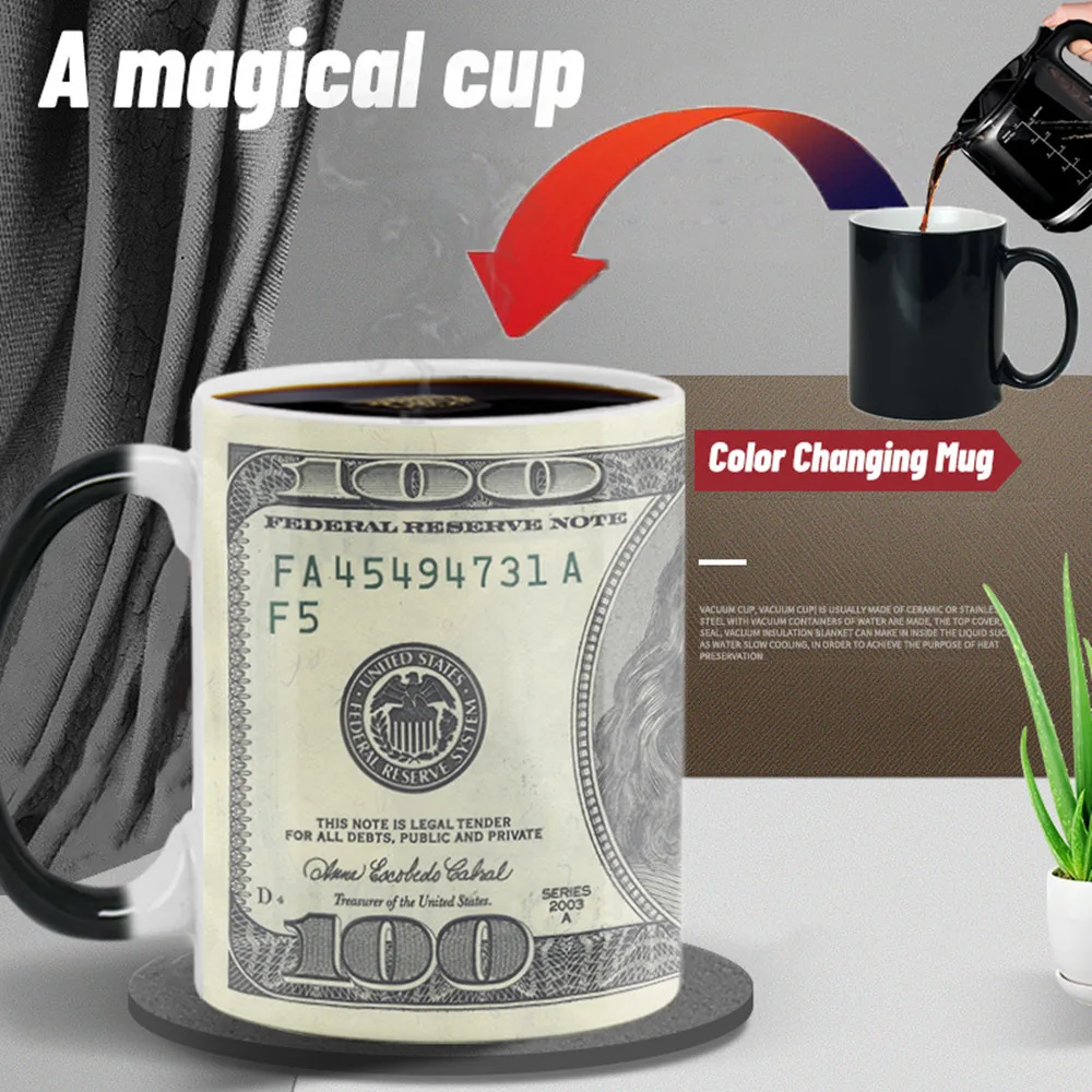 Creative Dollar Magic Mug Positive Energy Color Changing Cup Ceramic Discoloration Coffee Tea Milk Mugs Novelty Gifts