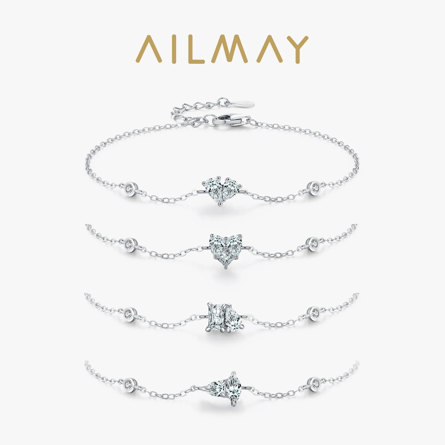 Ailmay 925 Sterling Silver Heart-Shaped Geometric Pattern Chain Bracelet For Women Simple Design Statement Jewelry Party Gift