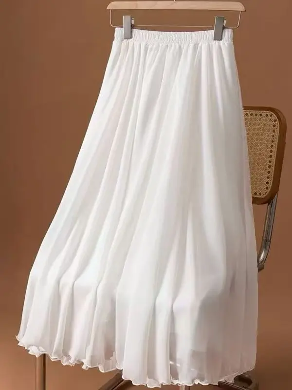Casual High Waist Chiffon Skirt Slimming Elastic Waist Fashionable All-Match Summer New Style A-Line Skirt Ladies' Skirts