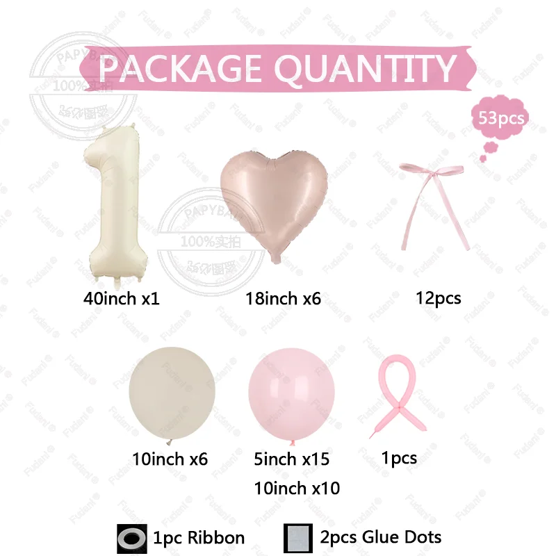 53pcs Baby Pink Heart Shaped Balloon Cream White Number Birthday Balloon Set Festive Party Decoration Birthday Photo Background