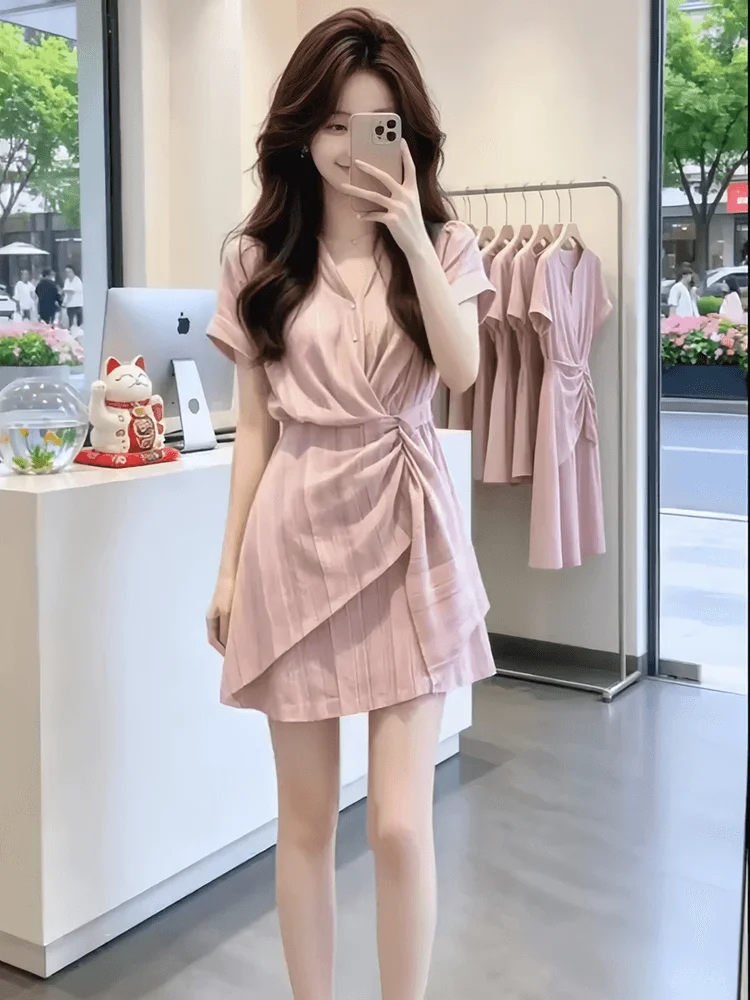 

Elegant Pink Women's Dress Waist-Cinching Short Skirt Casual High Waist Polyester Fiber Summer Fashion Beautiful Clothing