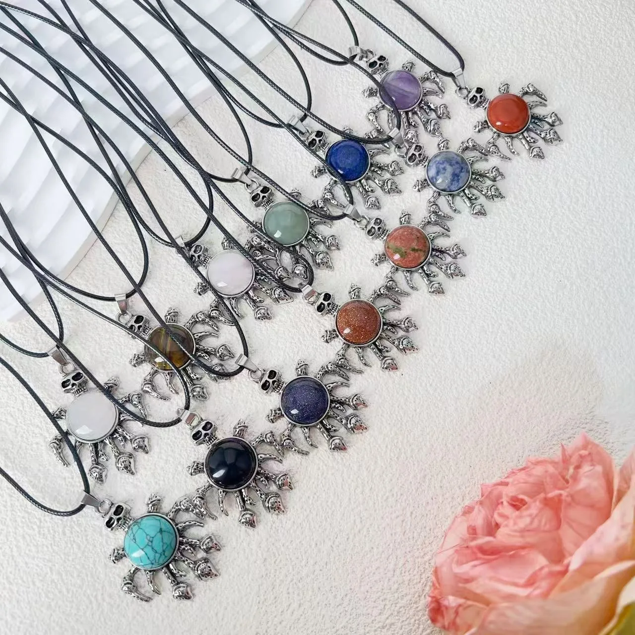 

Skull Sun Natural Stone Pendants, Gothic Healing Crystal Necklaces for Men Women