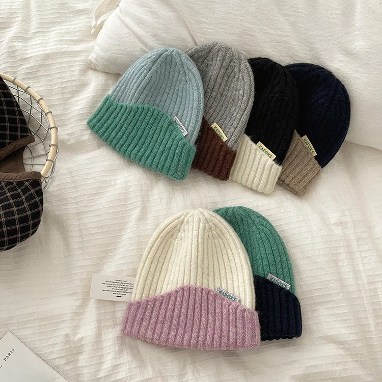 Autumn Winter Parent-child Wool Beanie Hats Women Men Winter Warm Knitted Hats Ins Flanging Contrasting Ear Cold Hats