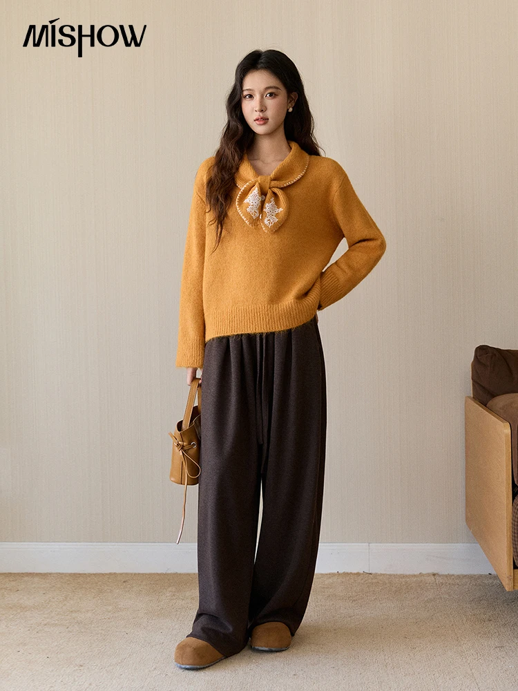 MISHOW 여성용 노란색 니트 스웨터 2025 가을 겨울 리본 칼라 레이스 스플라이싱 탑스 루즈 따뜻한 풀오버 스웨터 MXE94Z2971