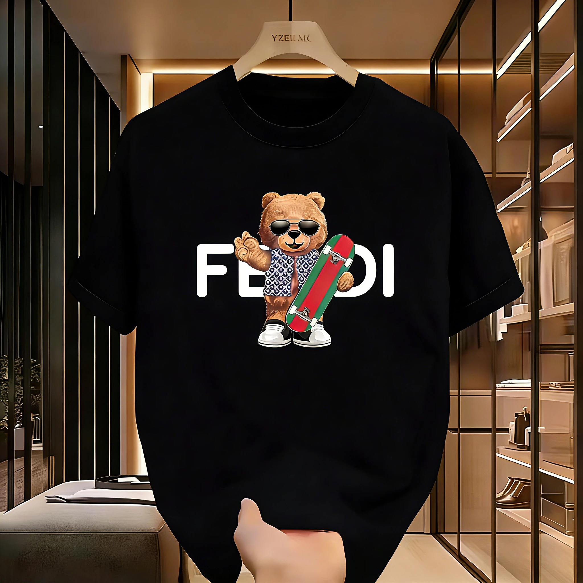 

Весна/Лето 2026, футболка из чистого хлопка с короткими рукавами, летняя американская модная футболка с круглым вырезом и принтом из чистого хлопка, трендовая легкая роскошь