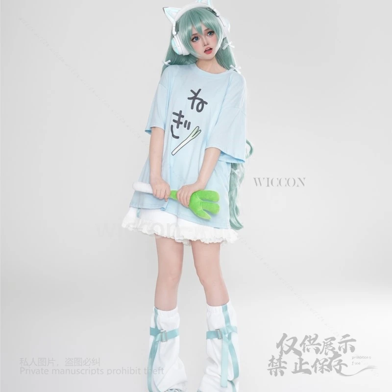 Anime Mikuku Cosplay Kawaii Blue White Full Set Wigs Earphone Coat T-Shirt Dress Socks Roleplay Customized Women Halloween Party - view 5