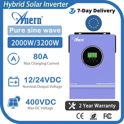 Anern Hybrid Solar Inverter 24V 3.2KW 12V 2KVA Battery Charger 220VAC Max PV 400V With 80A MPPT Charger Inverter 3200W 2000W