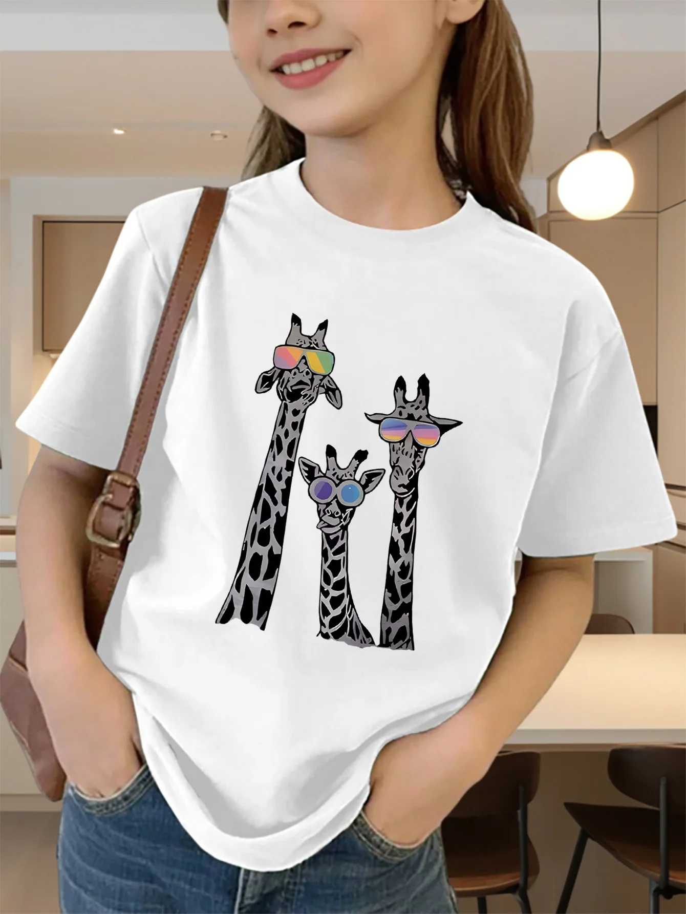 Cute Sunglasses Three Giraffes Print Graphic Kids Tee Boys Girls Family Matching Cotton Crew Neck Short Sleeve Soft Summer Tee