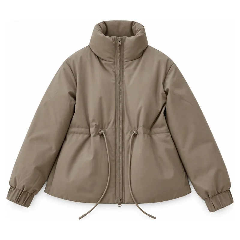 Women Lightweight Duck Down Jacket Stand Collar Drawstring Waist Short Warm Coat Fall Winter