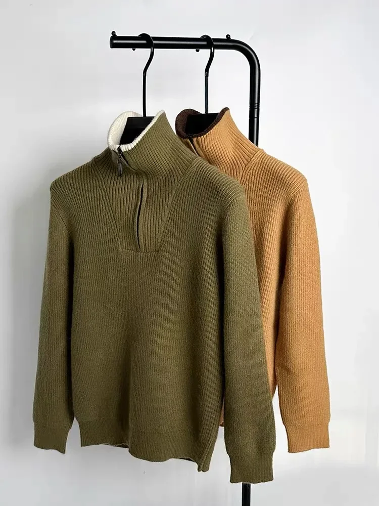 High-End-Marken-Trend-Männer-Pullover mit halbem Reißverschluss 2024, Herbst und Winter, neue lässige Mode, verdickter einfarbiger Strickpullover mit Stehkragen – Detail 5