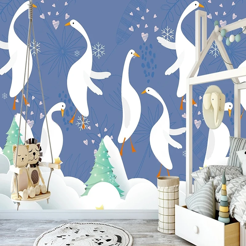 Custom Mural Simple Hand-Painted Swan Scenery Cartoon Children's Background Wall Painting Home Decor 3D Fresco Wallpaper