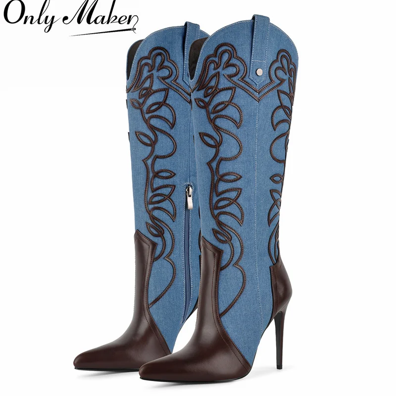 Onlymaker Damen-Stiefel mit spitzer Zehenpartie, blauer Denim, bestickt, Stiletto-Absatz, kniehohe Stiefel, seitlicher Reißverschluss, modische Stiefel in Übergröße